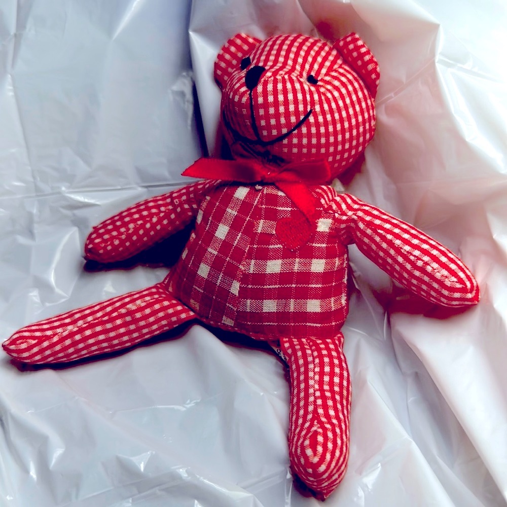 Red & White Stripes with Heart Teddy Bear Smiling Oriental Trading Company.
